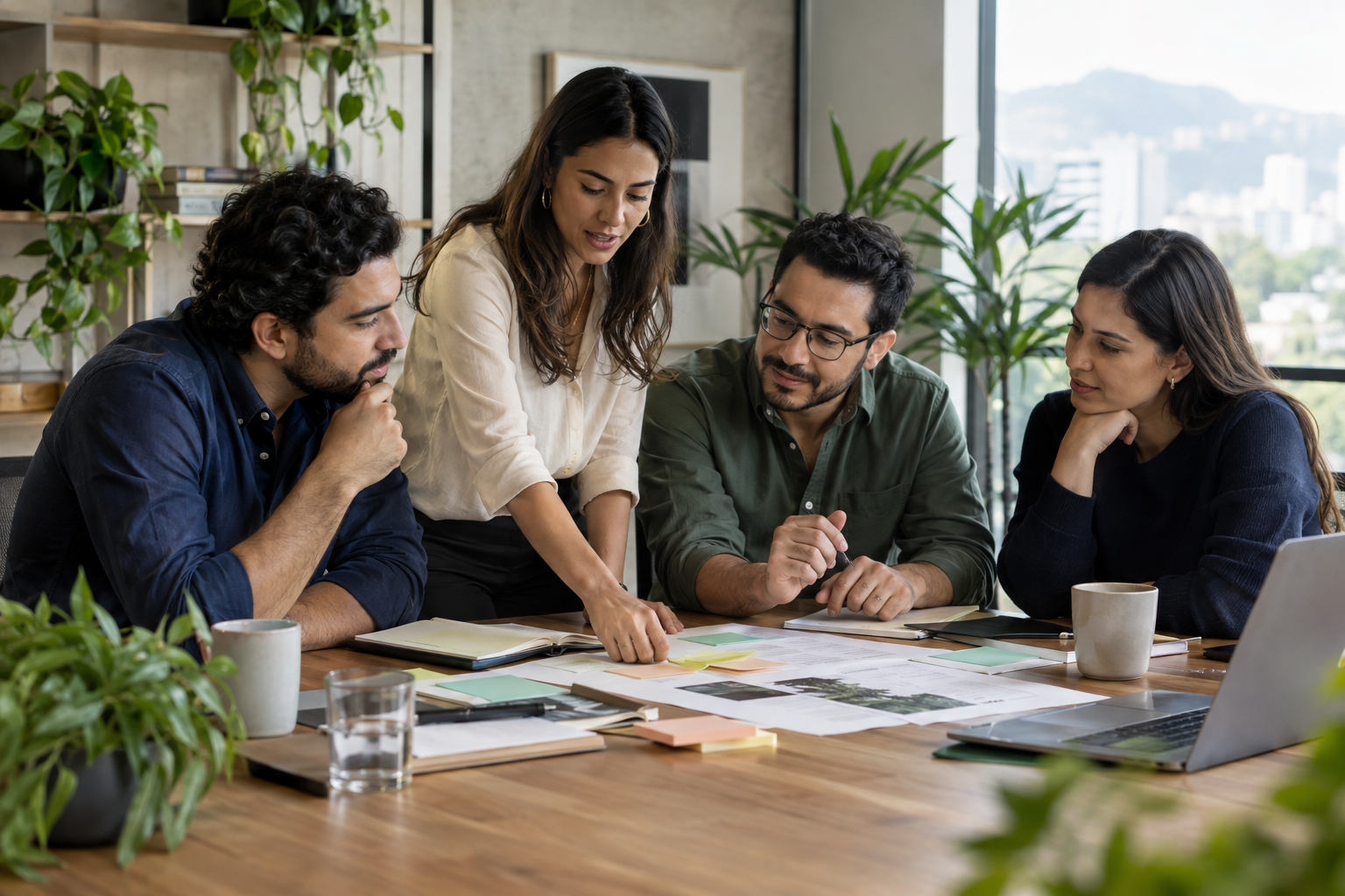 Escena ilustrativa de un equipo colaborando en una mesa de trabajo